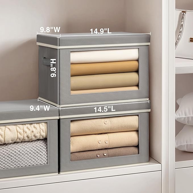 Stackable Storage Bins with Lids - Medium Storage Box with Lids, Foldable Closet Boxes for Organizing, Wardrobe Clothes Organizer with Window, Cubes Bins for Living Room, 5 Pack, Grey