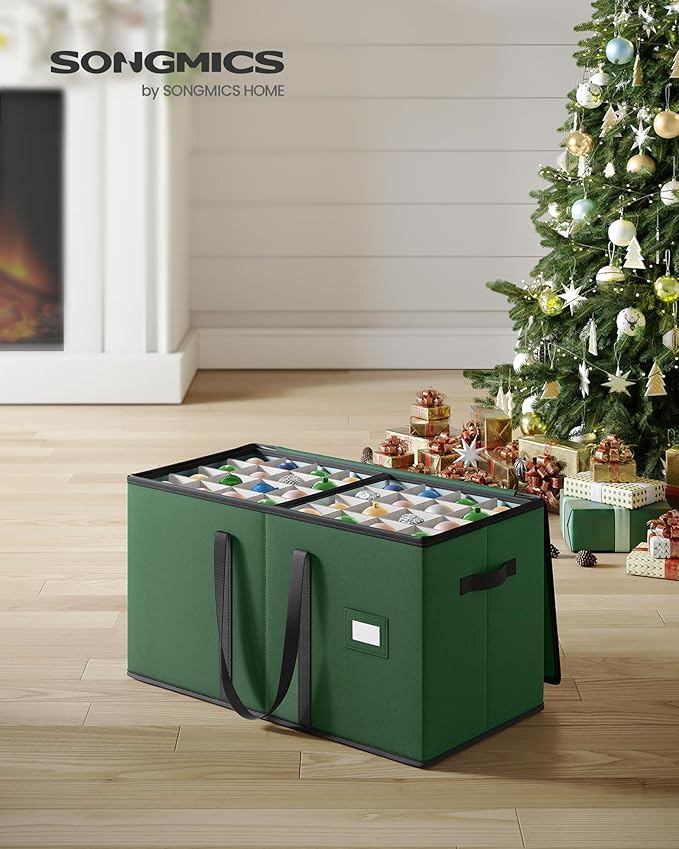 SONGMICS Christmas Ornament Storage Box, Dual Zippers, Stackable Christmas Storage Container with Lid, 8 Trays, 600D Oxford, 3-Inch 128 Slots, Forest Green URFB035C01