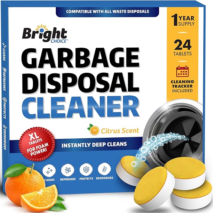 Garbage Disposal Cleaner and Deodorizer Tablets - 24 Pack, XL Citrus Foaming Tablet for Kitchen Sink Freshener, Drain Cleaner & Odor Eliminator - 1 Year of Sink Cleaning Supply