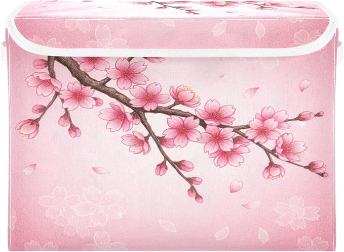 Bolaz Spring Cherry Blossom Background Storage Bins with Lids and Handles, Foldable Storage Box Storage Basket with Cover Collapsible Organizer Containers for Home Closet, Shelves