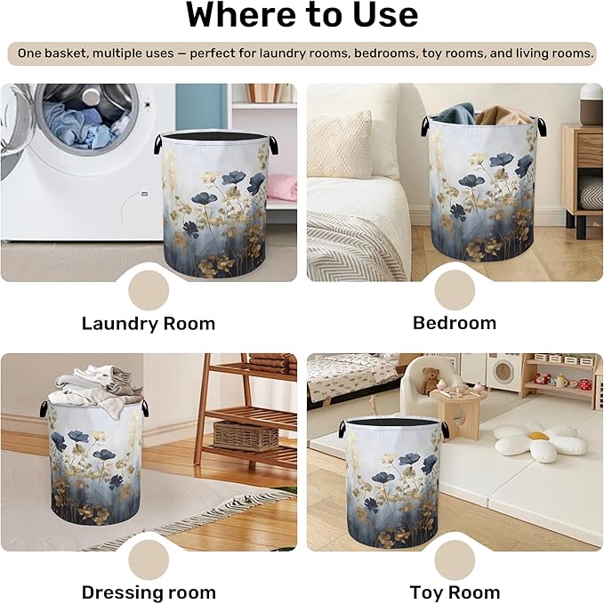 Blue Flowers Laundry Basket - Extra Large Foldable Laundry Hamper with Handles, Washable Storage Bin for Bathroom/Laundry/Bedroom/Dorm