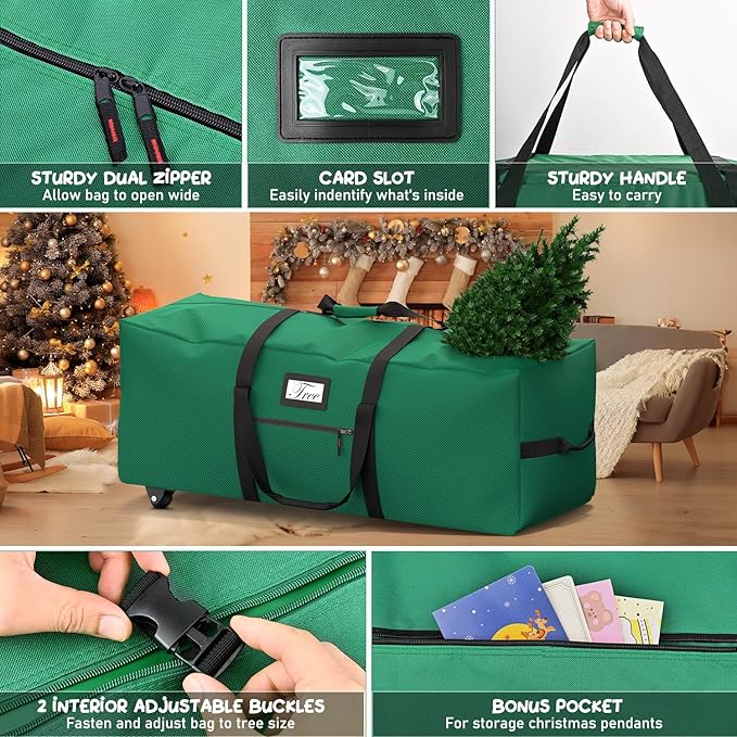 Mrrihand Christmas Tree Storage Bag, 9Ft Large Artificial Anti-Tear Heavy-Duty 600D Oxford Cloth Xmax Christmas Tree Storage Box with Rolling Wheels, Christmas Tree Storage Container (Green, 9Ft)