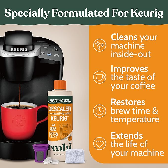 Roobi Keurig Compatible Descaling Solution & Cleaning Kit. Includes 1 Bottle of Keurig Descaler, 12 Cleaning Tablets, 1 Reusable Pod and 6 Water Filters. Carbon Neutral. 1 Year Supply.