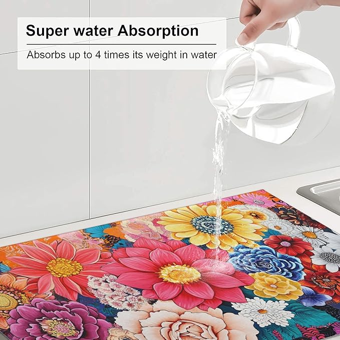 Boho Floral Dish Drying Mat For Kitchen Counter Microfiber Super Absorbent Non-Slip Dish Drying Pad For Countertops Dishes Utensils Stylish Quick-Dry Machine Washable 18x24 Inch
