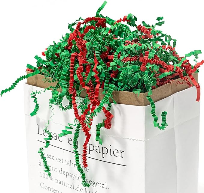 Mefleet 1 LB Crinkle Cut Paper Shred Filler Green & Red Crinkle Shredded Paper for Gift Box - Gift Basket Bag Filler - Grass Cushion Stuffing for Christmas Holiday Packaging Wrapping