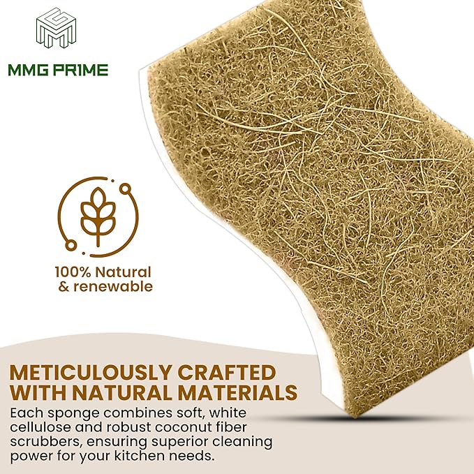 MMG Prime Natural Kitchen Sponge –12-Pack Biodegradable Sponges for Dishes –Compostable Dish Washing Scrubbers – Eco Friendly Non-Scratch Cellulose & Coconut Husk Scrubber Sponges for Cleaning