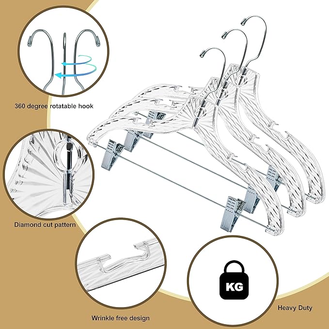 Quality Clear Plastic Skirt Hangers - 100 Pack Crystal Cut for Skirt, Pant, Dress, Suit, Coat Hangers Heavy Duty & Nonslip Design Adjustable Clips, Swivel Hook, 17" inch (100, Crystal Skirt)