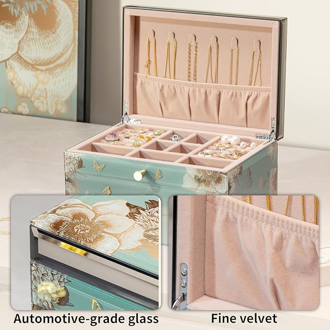 Glass Jewelry Box With Butterfly & Flower Patterns, 3-Tier Organizer for Women Girls,Jewelry Gift Decorative Boxes, Art Painting Tabletop Organizer For Earring Necklace Christmas Gifts