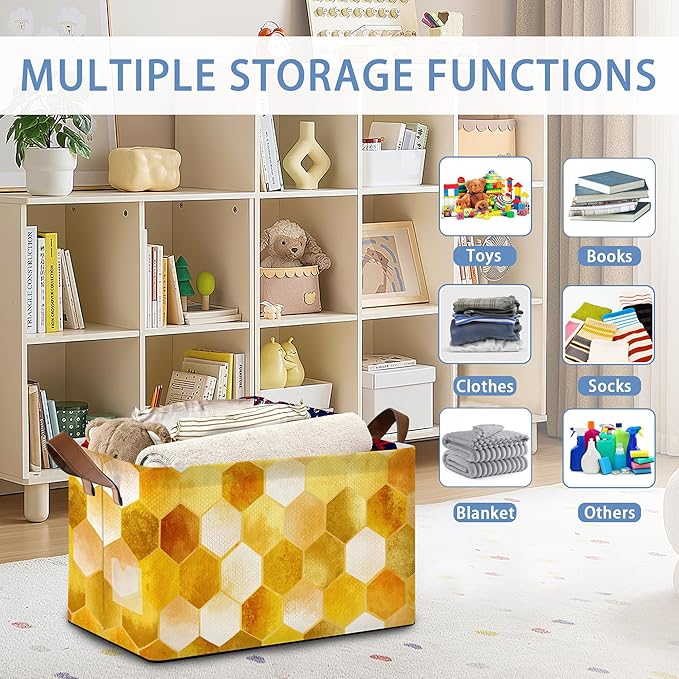 Honeycomb Storage Baskets,Bee Foldable Organizer Bin with Handles for Home Living Room Bedroom Closet Box 17x11.5x10Inch
