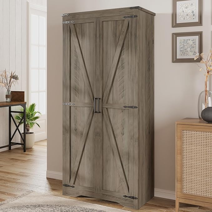 Set of 2 Farmhouse Rustic Grey Storage Cabinet with Adjustable Shelves, Large Pantry Organize with 2 Barn Doors, Tall Freestanding Cabinet for Kitchen, Bathroom, Garage, Living, Utility Room