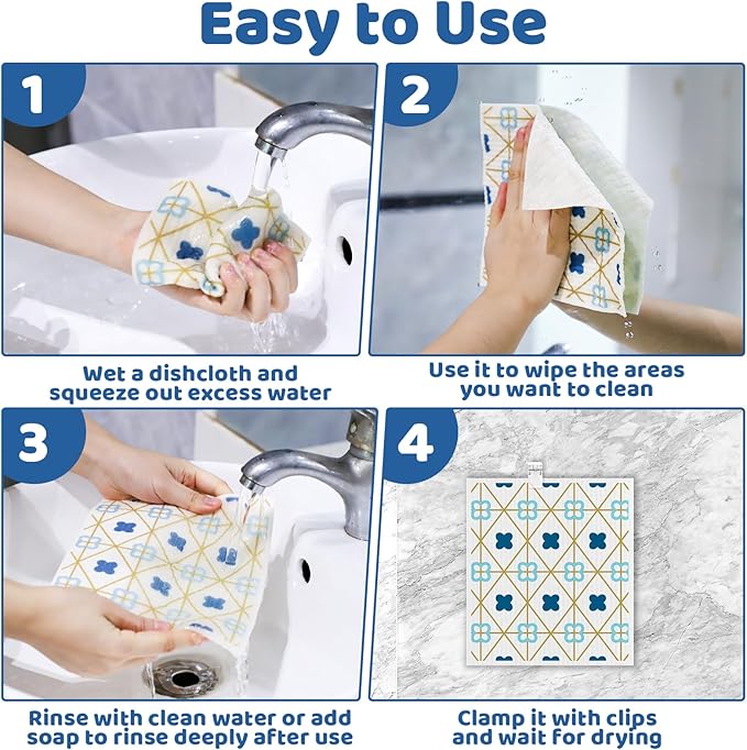 6 Pack Swedish Dishcloths for Kitchen,Swedish Rags Dish Towels with Clips, Reusable Paper Towels Washable Absorbent Cellulose Sponge Cloths for Cleaning Home Kitchen Valentines Gifts for Women