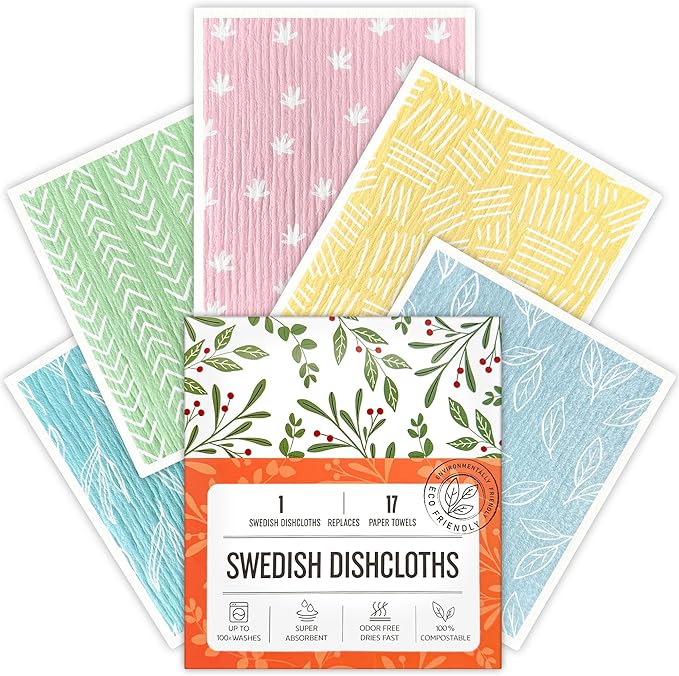 Augine Swedish Dishcloths for Kitchen, 5 Pack Reusable Paper Towels Washable, Super Absorbent Swedish Dish Cloths, Non-Scratch, No Odor