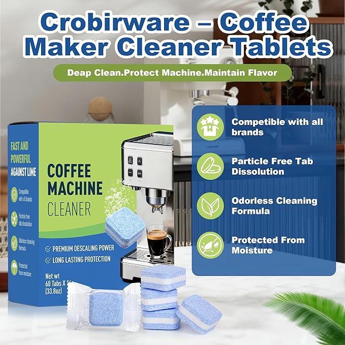 Crobirware Coffee Cleaner & Descaler Tablets (60 Count) - Compatible with Keurig, Nespresso, Breville, DeLonghi, Ninja - For All Drip & Espresso Machines - Removes Limescale