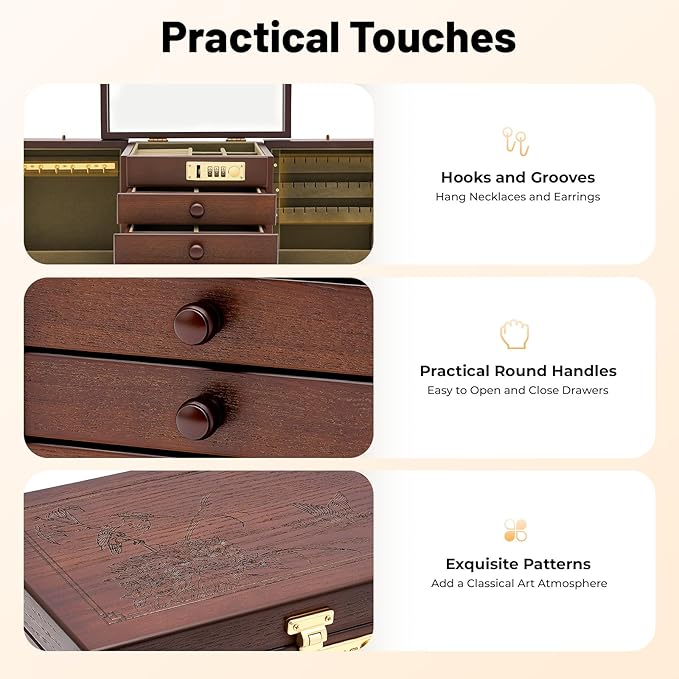 Jewelry Box with Password Lock and Mirror, 5-Layer Large Organizer Box with Mirror and 4 Drawers, Soft Velvet Lining, for Rings Earrings Necklaces Wooden Storage Box with Exquisite Carvings