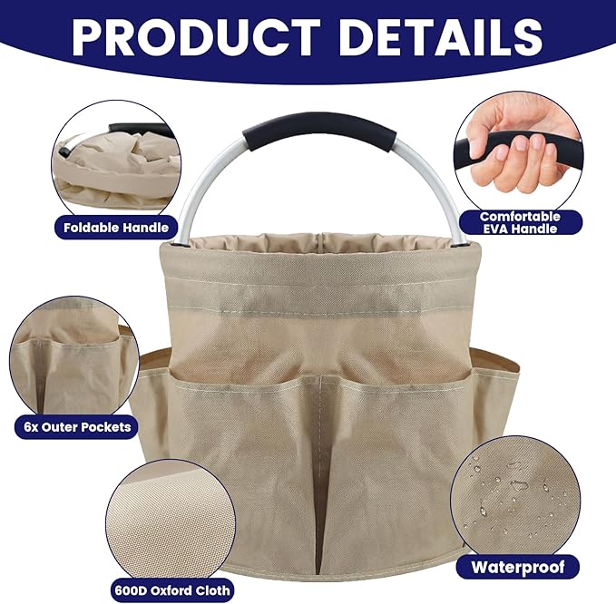 Cleaning Caddy with Handle and 6 Pockets, 17L Cleaning Supplies Organizer, 600D Oxford Fabric Storage Basket, Multifunctional Bucket Bag for Picnics, Camping, Gardening, Bathing (Khaki)