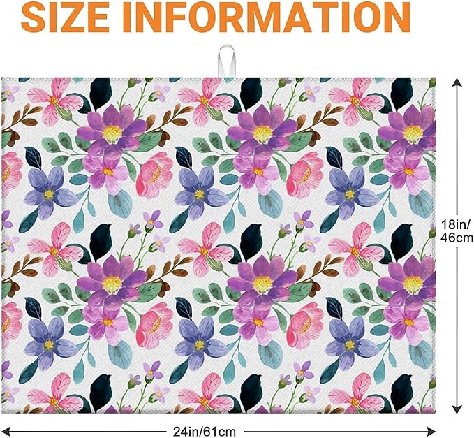 Dish Drying Mat For Kitchen Counter, Colorful Summer Pansy Flowers Microfiber Absorbent Dish Drainer Rack Pad Reusable Large 18x24in Drying Mat