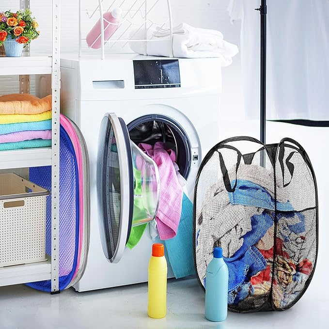 Buyongwant Collapsible Pop Up Laundry Hamper, Extra Large Mesh Foldable Laundry Basket Bag, 28" x 16" x 16", 4 Pack (Black + Pink + Grey + Blue)