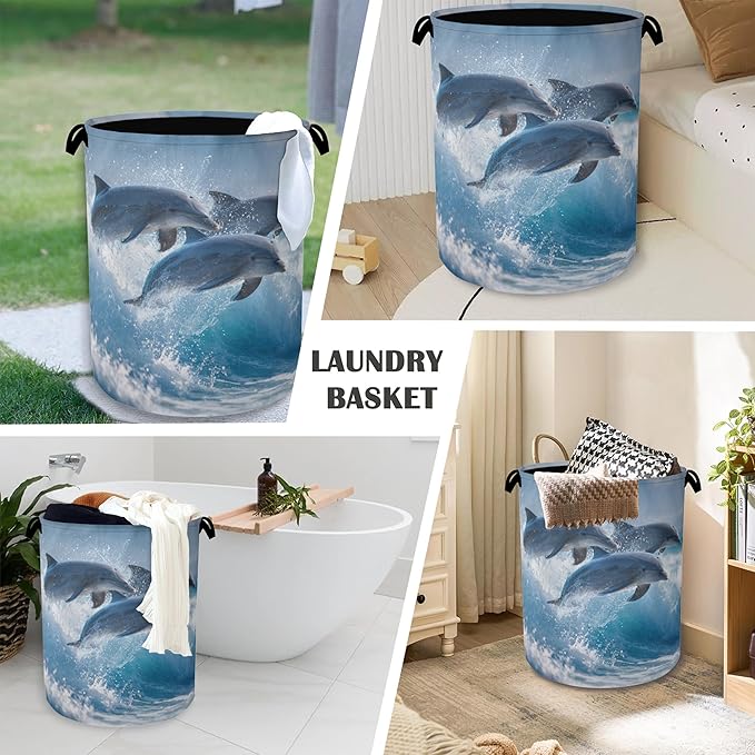 Dolphin Laundry Basket,Ocean Foldable Oxford Cloth Tote Bag Laundry Hamper Clothes Storage Bucket Organizer for Bedroom Laundry Storage Dormitories 16" x 20.8"