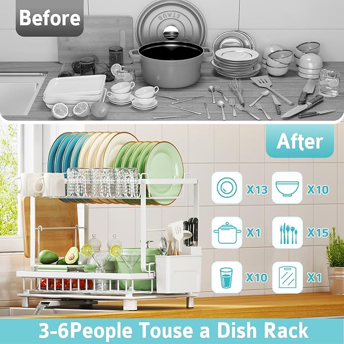 Nfnoyp Multifunctional Dish Drying Rack - Rustproof, 2-Tier Dish Racks with Drainboard, Space-Saving Design, Utensil & Cup Holder for Kitchen Counter, White