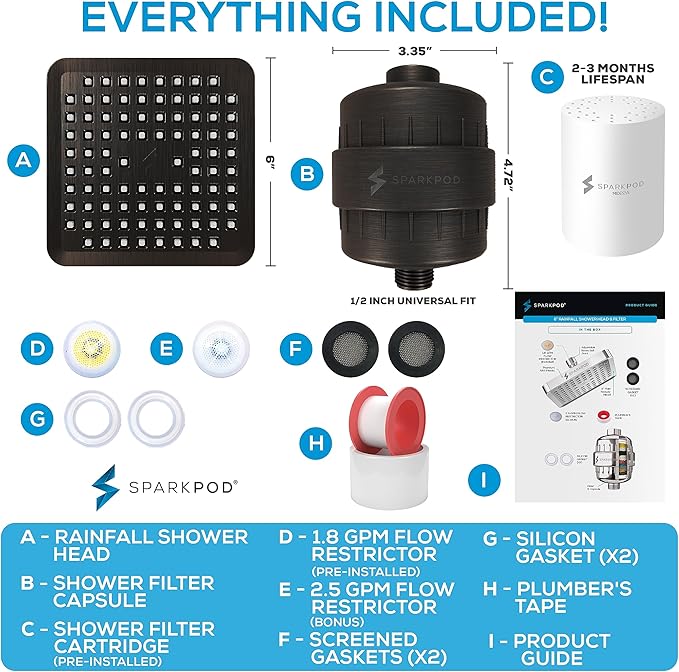 SparkPod Luxury Filtered Shower Head Set 23 Stage Shower Filter - Reduces Chlorine and Heavy Metals - High Pressure Showerhead Filter (6" Square, Vintage Oil-Rubbed Bronze)