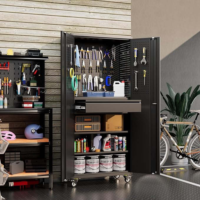 Garage Storage Cabinet with Wheels and Doors,Lockable Metal Storage Cabinet with Drawer Pegboard and Hooks for Garage Warehouse Home,Required Assembly,Black,71" H×15" D×30" W