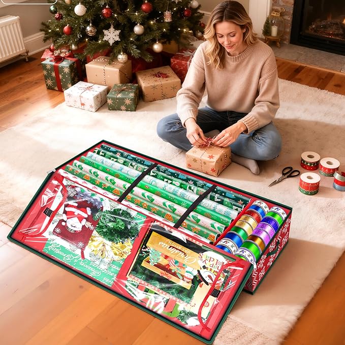 Wrapping Paper Organizer Storage, Christmas Wrapping Paper Storage with Flexible Partition & Pockets for Christmas Decorations, Ribbon, Underbed Gift Wrap Organizer for Holiday(Wave and Snowflake/Red)