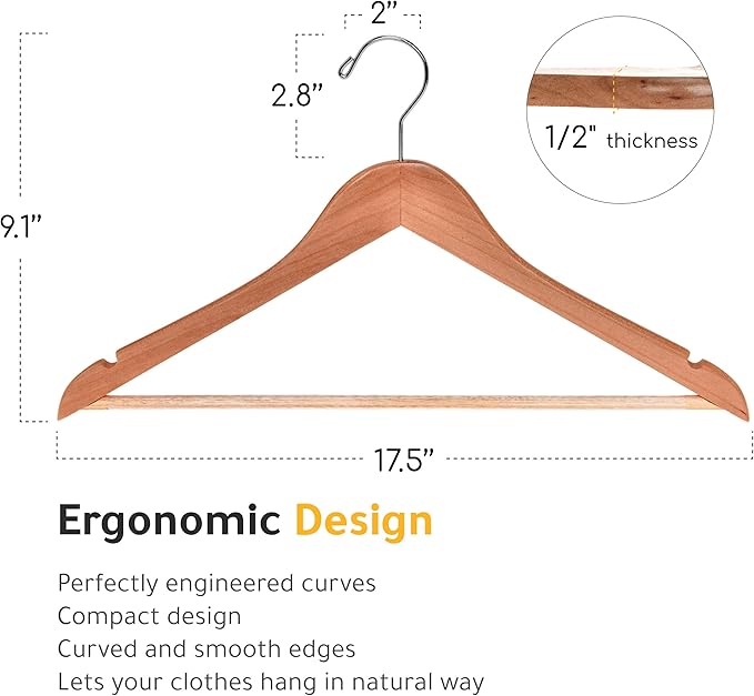 Quality Wooden Hangers - Slightly Curved Hanger Set - Solid Wood Coat Hangers with Stylish Chrome Hooks - Heavy-Duty Clothes, Jacket, Shirt, Pants, Suit Hangers (Natural, 10)