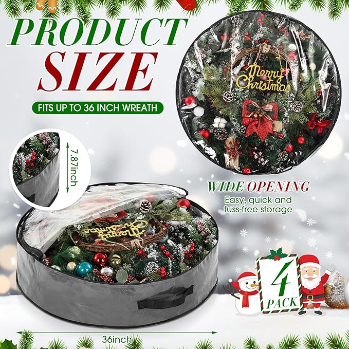 Aliceset 4 Pack Wreath Storage Containers, Christmas Ornament Garland Wreath Storage Bags with Handle Dual Zipper Large Decorative Storages Box for Winter Wreaths(36 x 36 x 7.8 Inch,Gray)