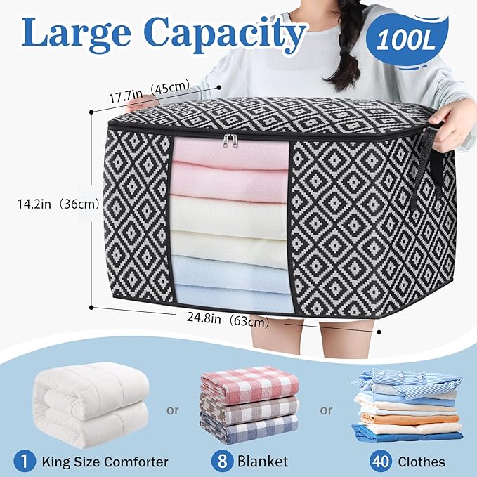 Direct 100L, 3 Pack, Storage Containers, Large Clothes Storage Bins Foldable Organization and Storage Bags with Reinforced Handle, Clear Window for Bedding, Blankets, Clothing, Black