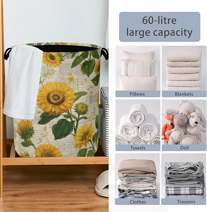 Vintage Sunflowers Laundry Basket,Oxford Cloth Laundry Hamper with Handle Foldable Portable Clothes Storage Basket for Bathroom Bedroom Dorm Room 16" x 20.8"