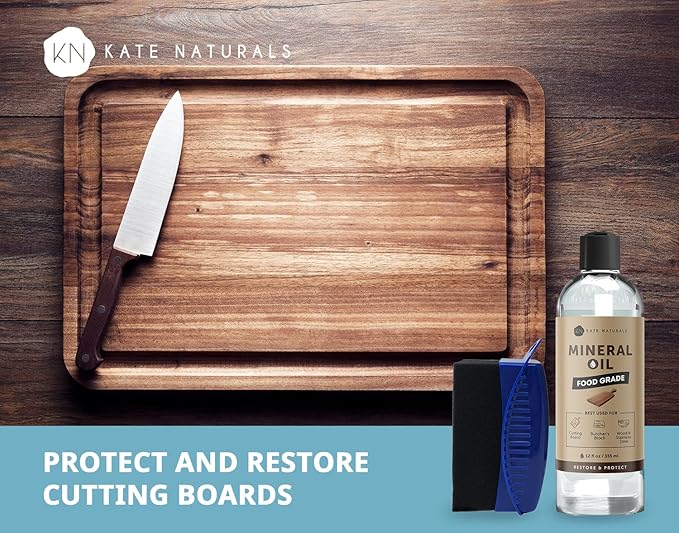 Kate Naturals Mineral Oil for Cutting Board 12oz with Wax Applicator. Food Grade & Food Safe Mineral Oil to Protect Wood on Cutting Boards, Butcher Block & Bamboo Boards