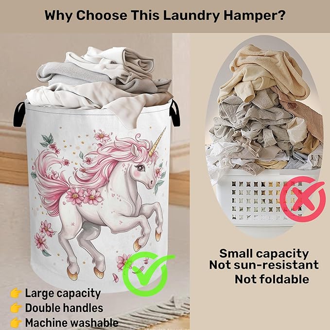 Unicorn Pink Foldable Canvas Laundry Basket with Handles - Toy Organizer, Heavy Duty for Home，Bedroom, Dorm, Bathroom