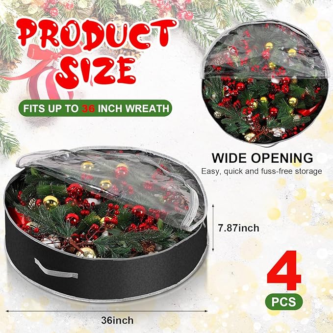 Aliceset 4 Pack Wreath Storage Containers, Christmas Ornament Garland Wreath Storage Bags with Handle Dual Zipper Large Decorative Storages Box for Winter Wreaths(36 x 36 x 7.8 Inch,Black)