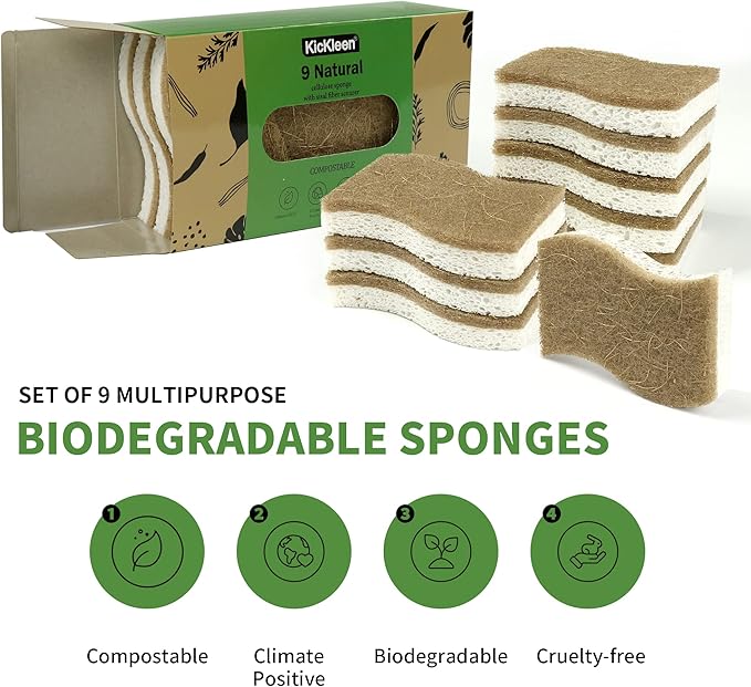 KICKLEEN 9 Pack Biodegradable Natural Kitchen Sponge - Compostable Cellulose and Coconut Walnut Scrubber Sponge - Eco Friendly Sustainable Sponges for Dishes