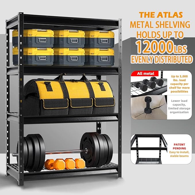 Shuntong The Atlas 48" W Heavy Duty Garage Shelving Unit Load 12000 Lbs, Metal Shelves for Storage, Adjustable All Steel Industrial Rack, 48" W x 24" D x 72" H, Black