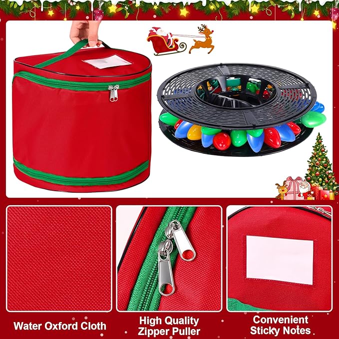 Christmas Light Storage Bag - Tear Proof 600D Oxford Fabric/Internal PVC Material with Reinforced Handles - With 4 Reels Stores up to 500 Ft Holiday Mini Christmas Tree Lights & Extension Cords,Red