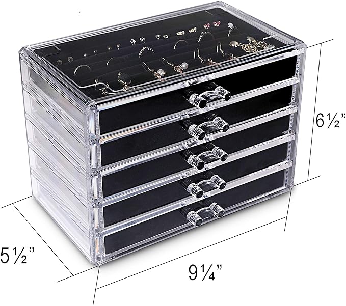Frebeauty Extra Large Acrylic Jewelry Box for Women 5 Layers Clear Jewelry Organizer Velvet Earring Box with 5 Drawers Rings Display Case Necklaces Holder Tray for Women Girls (Black)