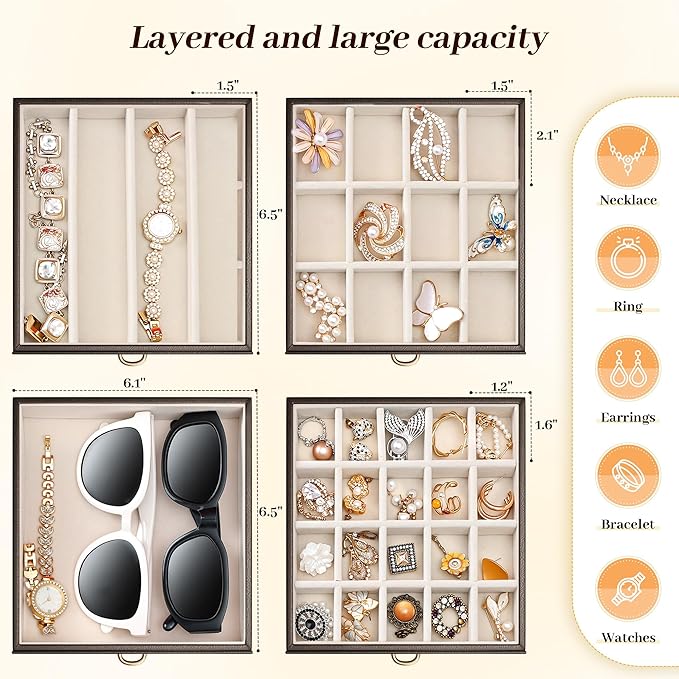 EnHomee Jewelry Box for Women, 5-Layer Large Jewelry Organizer with Mirror & 4 Drawers for Rings, Earrings, Necklaces, Bracelet Lockable Case with Lock (Black + Gold)