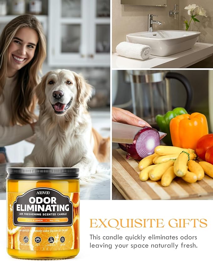 AOOVOO Citrus Lemon Odor Eliminating Highly Fragranced Candle - Eliminates 95% of Pet, Smoke, Food, and Other Smells Quickly, Air Freshing Soy Candle, 9 oz