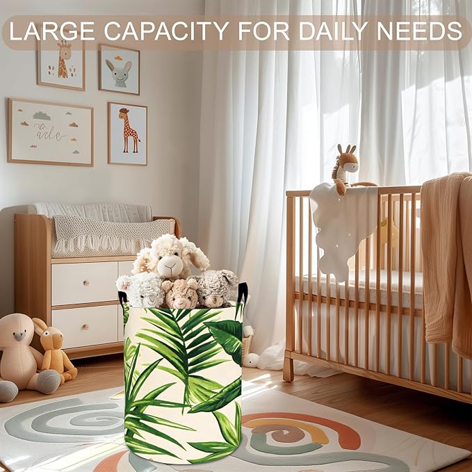 Tropical Leaves Laundry Basket Hamper 19.7"x15.8", Palm Leaf Foldable Waterproof Oxford Clothes Storage Bucket for Room Bathroom Bedroom Nursery Decor, Toy Organizer Bins Gifts for Kids Boys Girls