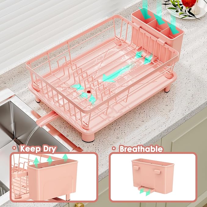 GAOKASE Dish Drying Rack, Space-Saving Dish Rack, Dish Racks for Kitchen Counter, Kitchen Dish Drainers with Removable Utensil Holder,Plate Rack and Drainboard, 11''W x 15''L, Pink