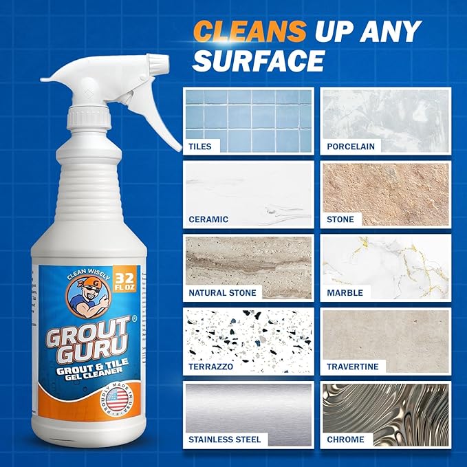 Guru The Professional Grout Cleaner for Tile Floors | Acid Free Formula | Tile Cleaner Spray for Marble, Natural Stones, Porcelain, & Marble | Shower Bathroom and Home Cleaner - Spray, 32 Oz