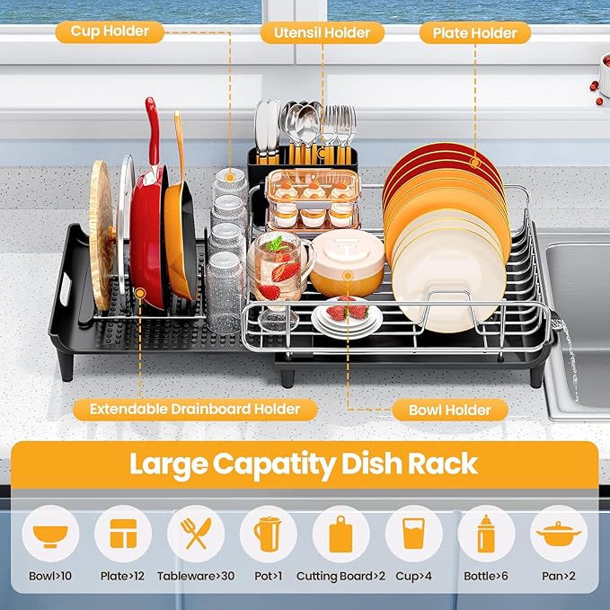TOOLF Expandable Dish Rack, Dish Drying Rack for Kitchen Counter, Foldable Dish Dryer Rack, Stainless Steel Dish Drainer Racks with Cutlery Holder, Collapsible Dish Drying Racks Large Size,Black