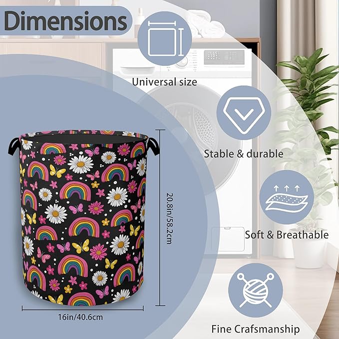 Rainbow Boho Butterfly Laundry Basket,Daisy Oxford Cloth Laundry Hamper with Handle Foldable Portable Clothes Storage Basket for Bathroom Bedroom Dorm Room 16" x 20.8"