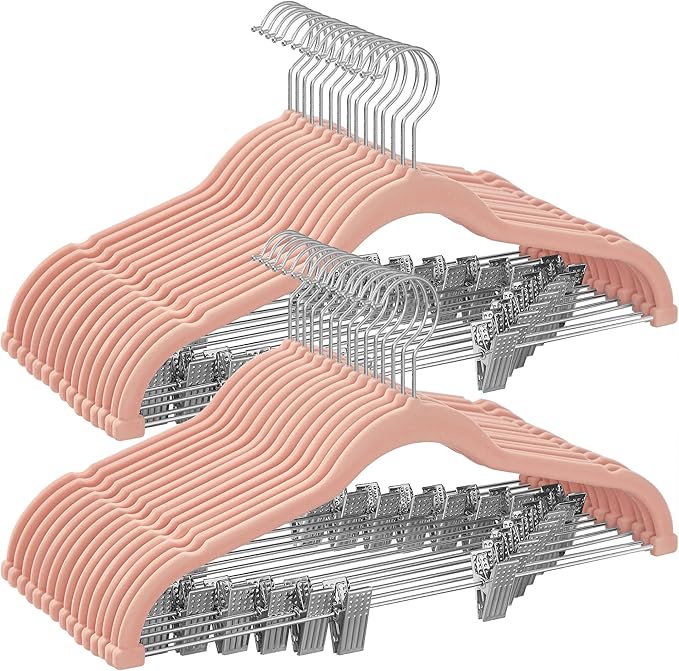 SONGMICS 30-Pack Pants Hangers, 16.7-Inch Long Velvet Hangers with Adjustable Clips, Heavy-Duty, Non-Slip Skirt Hangers, Space-Saving for Pants, Skirts, Coats, Dresses, Light Pink UCRF12PK30