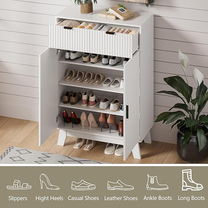 Shoe Cabinet Storage for Entryway with Doors, 4 Tier Fluted Shoe Organizer with 2 Drawers, Entryway Shoe Storage with Adjustable Shelves, Freestanding Hidden Shoe Rack for Front Door Entrance, White