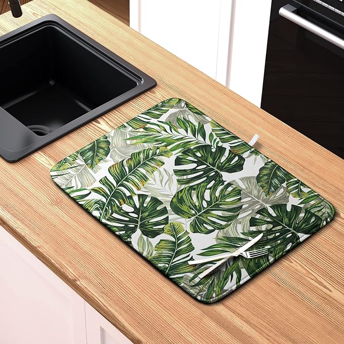 Kwlegh Tropical Palm Leaves Dish Drying Mat for Dishes 16x18 Inch Spring Green Monstera Leaf Drying Mat Watercolor Herbs Dish Drainer Mat Super Absorbent Dish Rack Pad for Coffee Bar Sinks