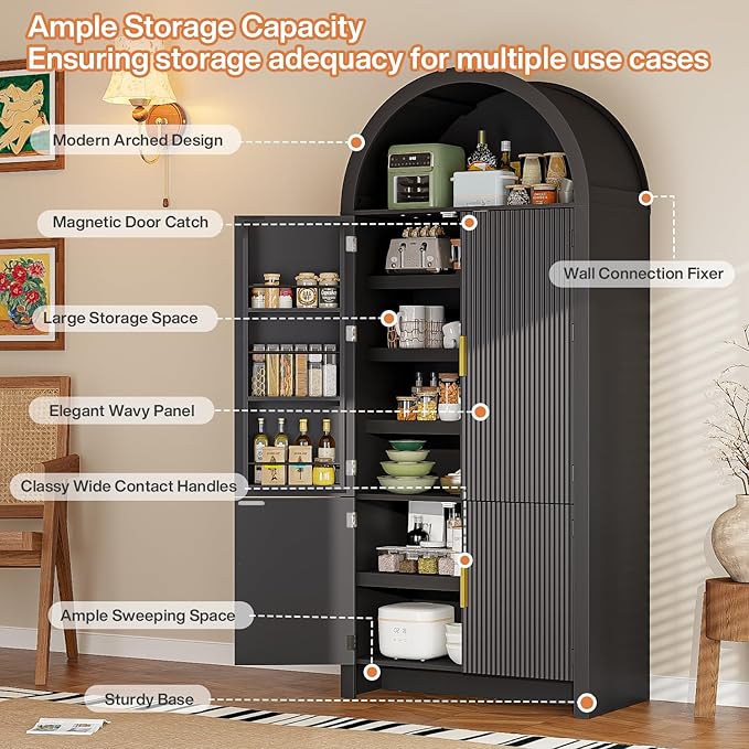 71" Tall Arched Pantry Cabinet, Arched Fluted Kitchen Storage Cabinet with Doors and Adjustable Shelves, Modern Black Cupboard Organizer for Kitchen, Dining Room, Living Room