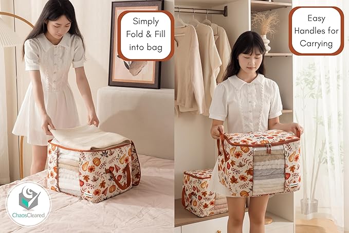 Canvas Storage Bags Designer Organizer 2 Pack – Seasonal Storage for Sweaters, Blankets, Linens & Garments – Foldable Design with Zip & Window, Moth-Proof Space Saver, Autumn Print