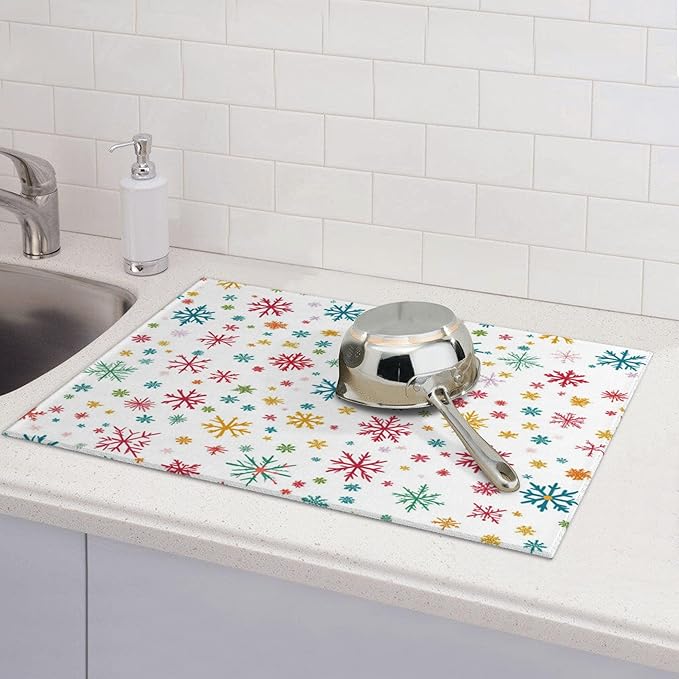 Christmas Snowflake Dish Drying Mat for Kitchen Counter Microfiber Super Absorbent Non-Slip Dish Drying Pad for Countertops Dishes Utensils Stylish Quick-Dry Machine Washable 18x24 Inch
